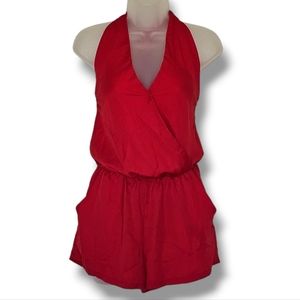 Tychee Halter Top Romper Red Size S‎ Front Pockets Elastic Waist Shorts